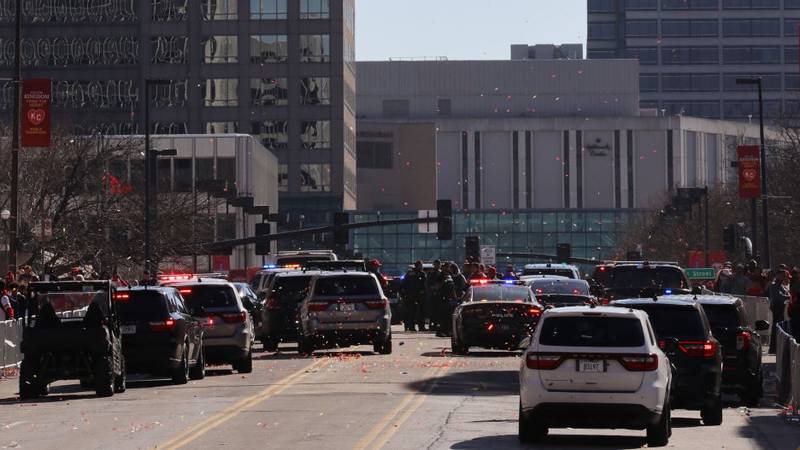 KANSAS CITY, MISSOURI - FEBRUARY 14: Law enforcement respond to a shooting at Union Station during the Kansas City Chiefs Super Bowl LVIII victory parade on February 14, 2024 in Kansas City, Missouri. Several people were shot and two people were detained after a rally celebrating the Chiefs Super Bowl victory. (Photo by Eric Thomas/Getty Images)