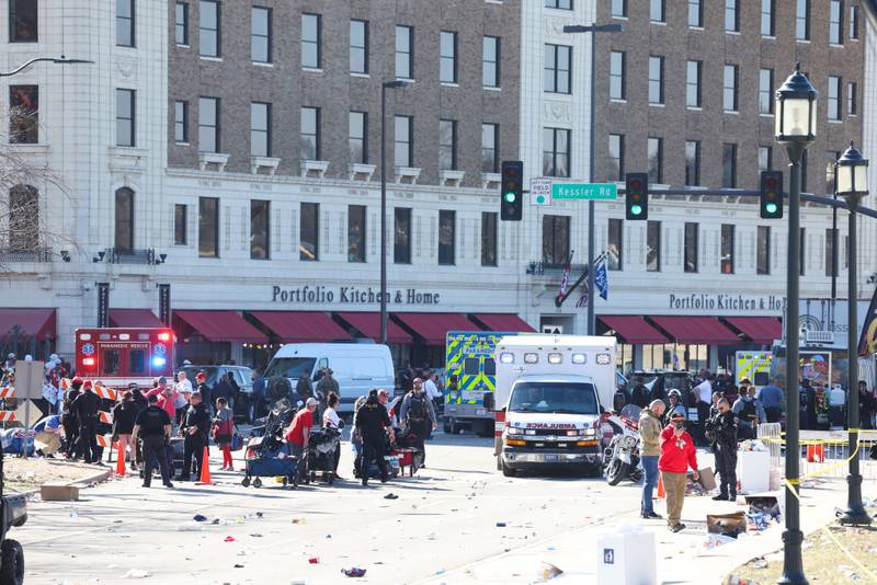 KANSAS CITY, MISSOURI - FEBRUARY 14: Law enforcement and medical personnel respond to a shooting at Union Station during the Kansas City Chiefs Super Bowl LVIII victory parade on February 14, 2024 in Kansas City, Missouri. Several people were shot and two people were detained after a rally celebrating the Chiefs Super Bowl victory. (Photo by Jamie Squire/Getty Images)