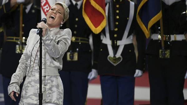 Pink nails national anthem at Super Bowl LII, appears to spit out gum beforehand