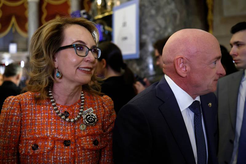 WASHINGTON, DC - MARCH 07: U.S. Sen. Mark Kelly (D-AZ) and his wife Gabby Giffords attend President Joe Biden's State of the Union address during a joint meeting of Congress in the House chamber at the U.S. Capitol on March 07, 2024 in Washington, DC. This is Biden’s last State of the Union address before the general election this coming November. (Photo by Anna Moneymaker/Getty Images)