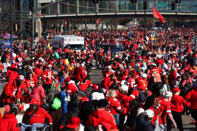 KANSAS CITY, MISSOURI - FEBRUARY 14: People leave the area following a shooting at Union Station during the Kansas City Chiefs Super Bowl LVIII victory parade on February 14, 2024 in Kansas City, Missouri. Several people were shot and two people were detained after a rally celebrating the Chiefs Super Bowl victory. (Photo by Jamie Squire/Getty Images)