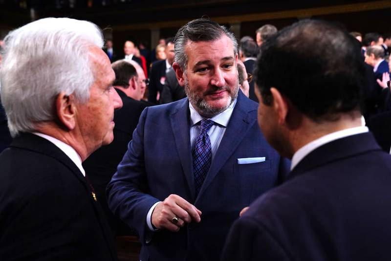 WASHINGTON, DC - MARCH 7:  U.S. Sen. Ted Cruz (R-TX) (C) chats on the House floor ahead of the State of the Union address by President Joe Biden before a joint session of Congress at the Capital building on March 7, 2024 in Washington, DC. This is Biden's final address before the November general election.  (Photo by Shawn Thew-Pool/Getty Images)