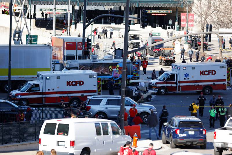 KANSAS CITY, MISSOURI - FEBRUARY 14: Law enforcement and medical personnel respond to a shooting at Union Station during the Kansas City Chiefs Super Bowl LVIII victory parade on February 14, 2024 in Kansas City, Missouri. Several people were shot and two people were detained after a rally celebrating the Chiefs Super Bowl victory. (Photo by David Eulitt/Getty Images)