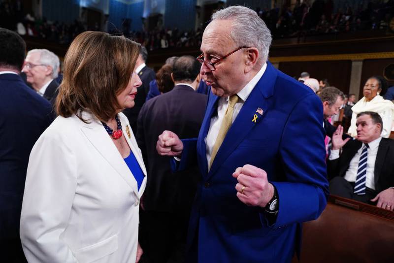WASHINGTON, DC - MARCH 7:  U.S. Senate Majority Leader Chuck Schumer (D-NY) (R) chats with former House Speaker, Rep. Nancy Pelosi (D-CA) on the House floor ahead of the annual State of the Union address by U.S. President Joe Biden before a joint session of Congress at the Capital building on March 7, 2024 in Washington, DC. This is Biden's final address before the November general election.  (Photo by Shawn Thew-Pool/Getty Images)