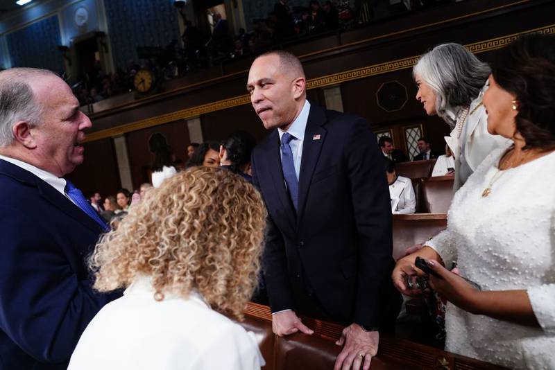 WASHINGTON, DC - MARCH 7: U.S. House Minority Leader Hakeem Jeffries (D-NY) (R) chats chats ahead of the annual State of the Union address by President Joe Biden delivers before a joint session of Congress in the House chamber at the Capital building on March 7, 2024 in Washington, DC. This is Biden's final address before the November general election.  (Photo by Shawn Thew-Pool/Getty Images)