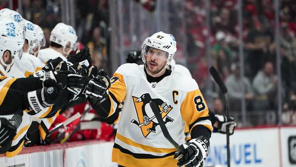 Penguins keep playoff hopes alive, 5-1; Crosby hits 1,500