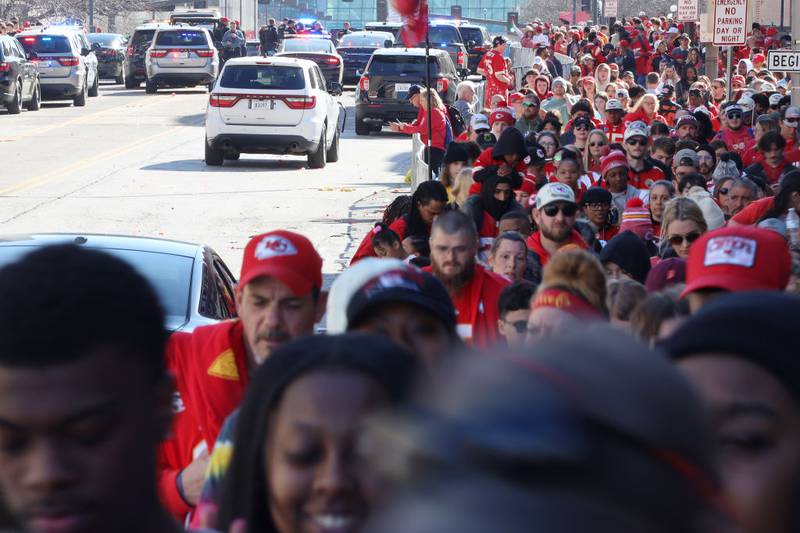 KANSAS CITY, MISSOURI - FEBRUARY 14: People leave the area following a shooting at Union Station during the Kansas City Chiefs Super Bowl LVIII victory parade on February 14, 2024 in Kansas City, Missouri. Several people were shot and two people were detained after a rally celebrating the Chiefs Super Bowl victory. (Photo by Eric Thomas/Getty Images)