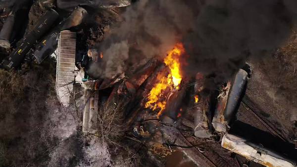 RAW: Drone 11 flies over train derailment causing huge fire in East Palestine
