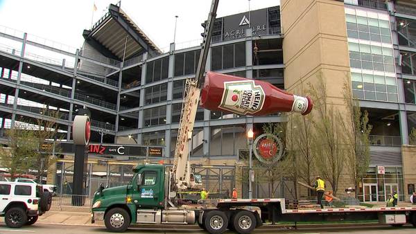 Crews mount classic Heinz ketchup bottle on Acrisure Stadium