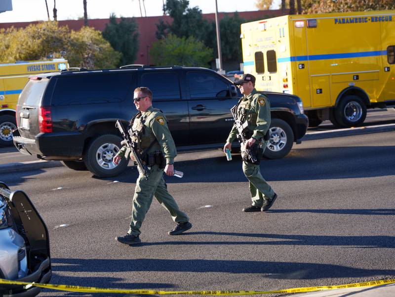 LAS VEGAS, NEVADA - DECEMBER 06: Emergency responders respond at the UNLV campus after a shooting on December 06, 2023 in Las Vegas, Nevada. According to Las Vegas Metro Police, a suspect is dead and multiple victims are reported after a shooting on the campus. (Photo by Mingson Lau/Getty Images)