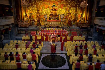 MANILA, PHILIPPINES - FEBRUARY 10: Filipinos offer prayers at the Seng Guan temple during Lunar New Year celebrations at Binondo district, considered the world's oldest Chinatown, on February 10, 2024 in Manila, Philippines. Lunar New Year, also known as Chinese New Year, is celebrated around the world, and the year of the Wood Dragon in 2024 is associated with growth, progress, and abundance, as wood represents vitality and creativity, while the dragon symbolizes success, intelligence, and honor.  (Photo by Ezra Acayan/Getty Images)