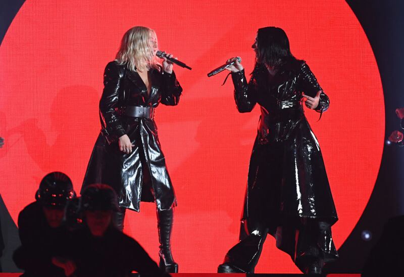 LAS VEGAS, NV - MAY 20:  Recording artists Christina Aguilera (L) and Demi Lovato perform onstage during the 2018 Billboard Music Awards at MGM Grand Garden Arena on May 20, 2018 in Las Vegas, Nevada.  (Photo by Ethan Miller/Getty Images)