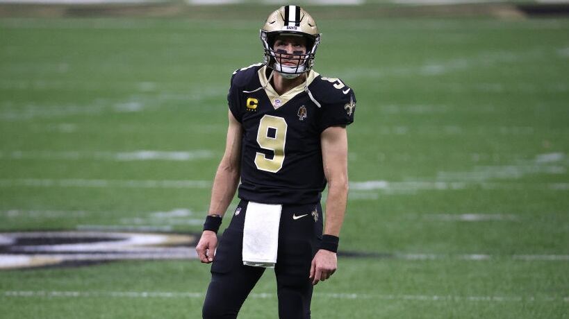 NEW ORLEANS, LOUISIANA - JANUARY 17: Drew Brees #9 of the New Orleans Saints looks on against the Tampa Bay Buccaneers during the first quarter in the NFC Divisional Playoff game at Mercedes Benz Superdome on January 17, 2021 in New Orleans, Louisiana. (Photo by Chris Graythen/Getty Images)