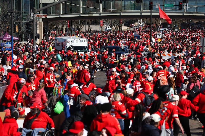 KANSAS CITY, MISSOURI - FEBRUARY 14: People leave the area following a shooting at Union Station during the Kansas City Chiefs Super Bowl LVIII victory parade on February 14, 2024 in Kansas City, Missouri. Several people were shot and two people were detained after a rally celebrating the Chiefs Super Bowl victory. (Photo by Jamie Squire/Getty Images)