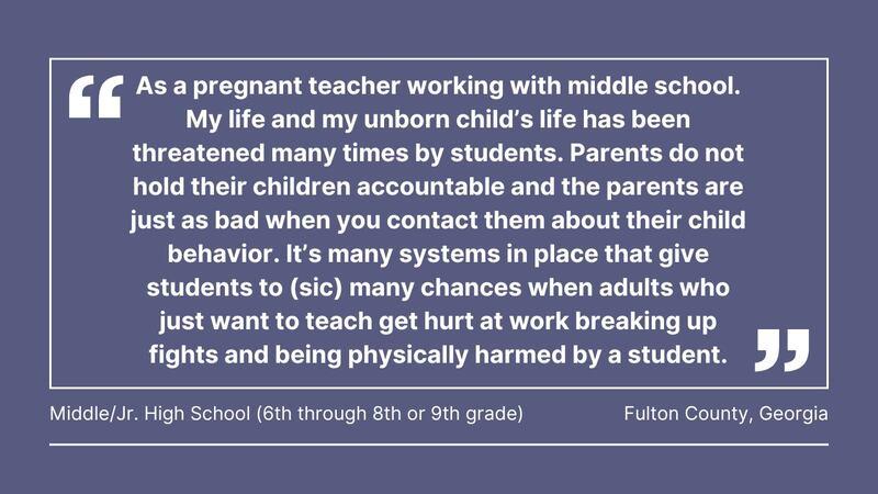 Cox Media Group gathered comments from teachers in Florida, Georgia, North Carolina, South Carolina, Ohio, Pennsylvania, Massachusetts, and Washington, about violence in the classroom.