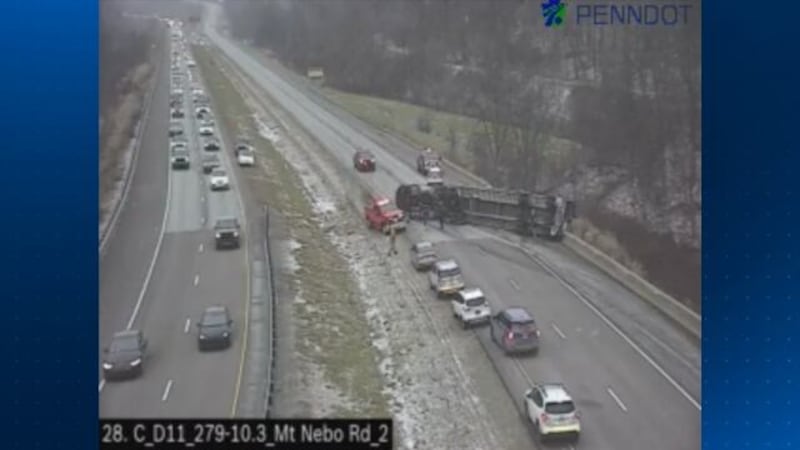 Part of southbound I-279 shut down in Allegheny County after tractor-trailer rolls over